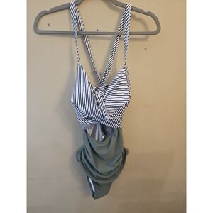 Eomenie Women‎ Swimsuit Oilve Green Black Strips Size Medium